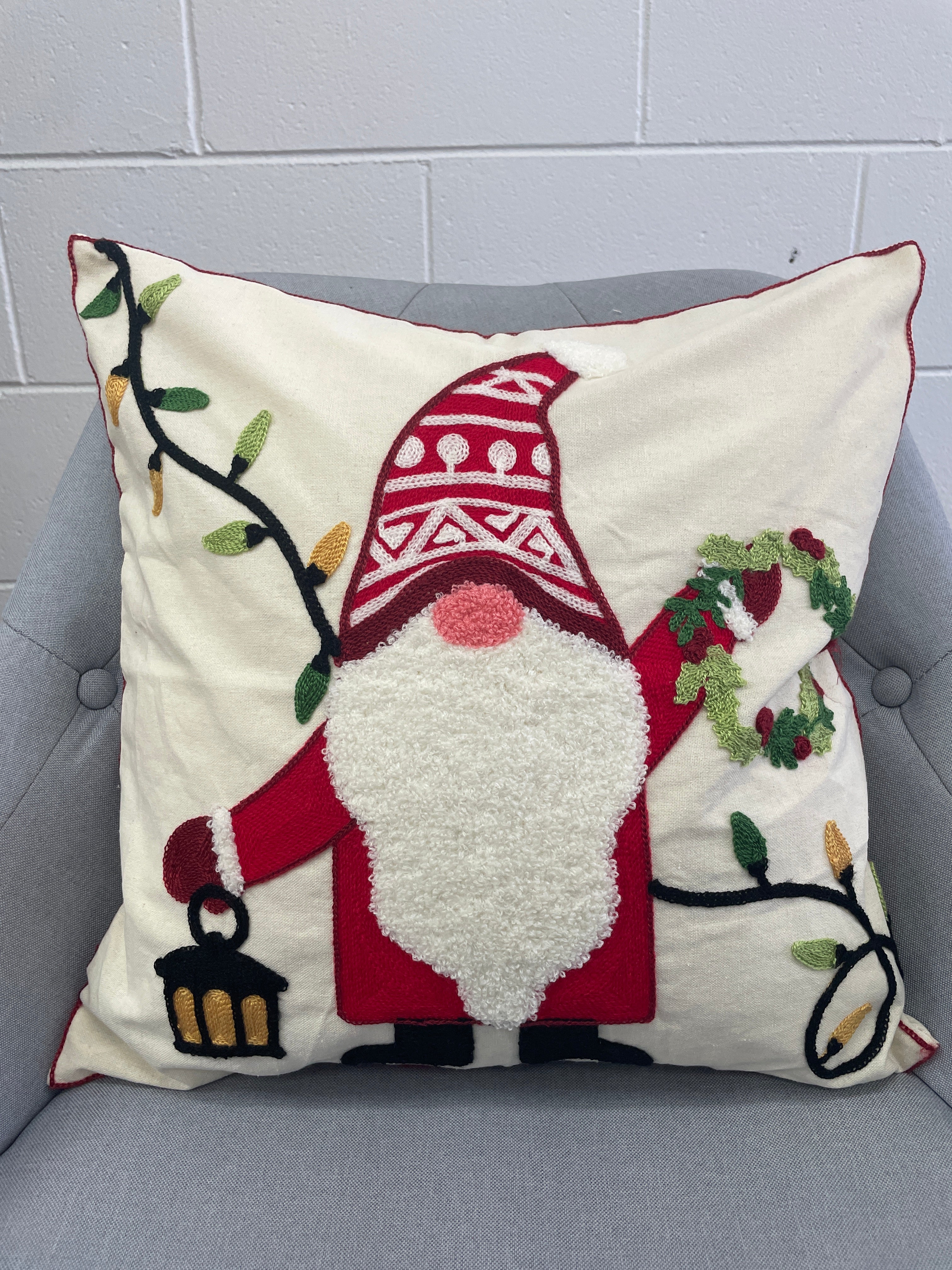 Gnome With Lights & Wreath Pillow