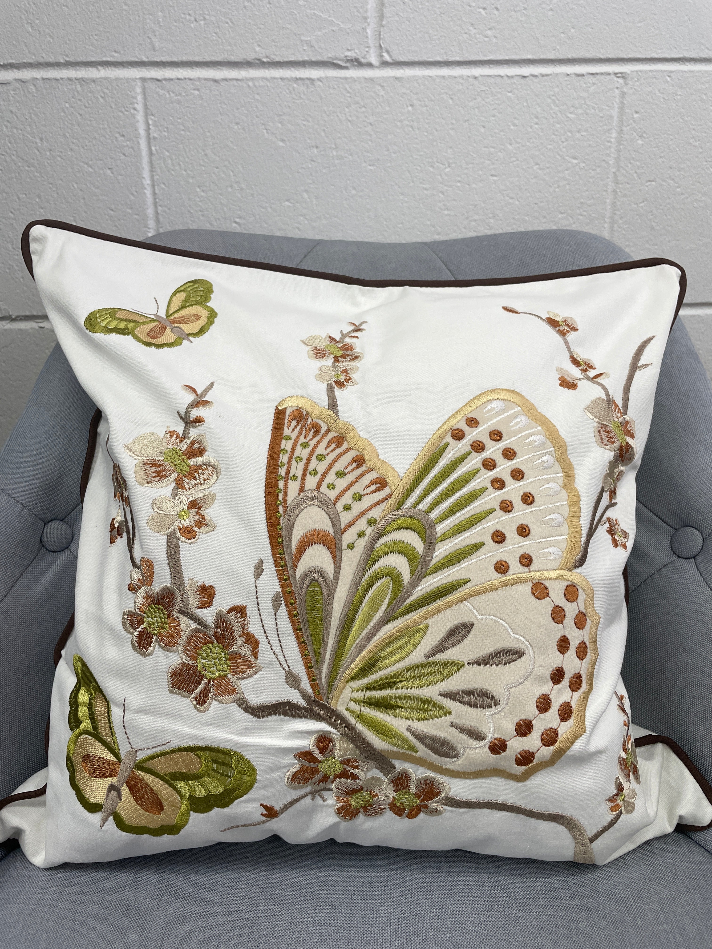 Yellow & Green Embroidered Butterfly Pillow