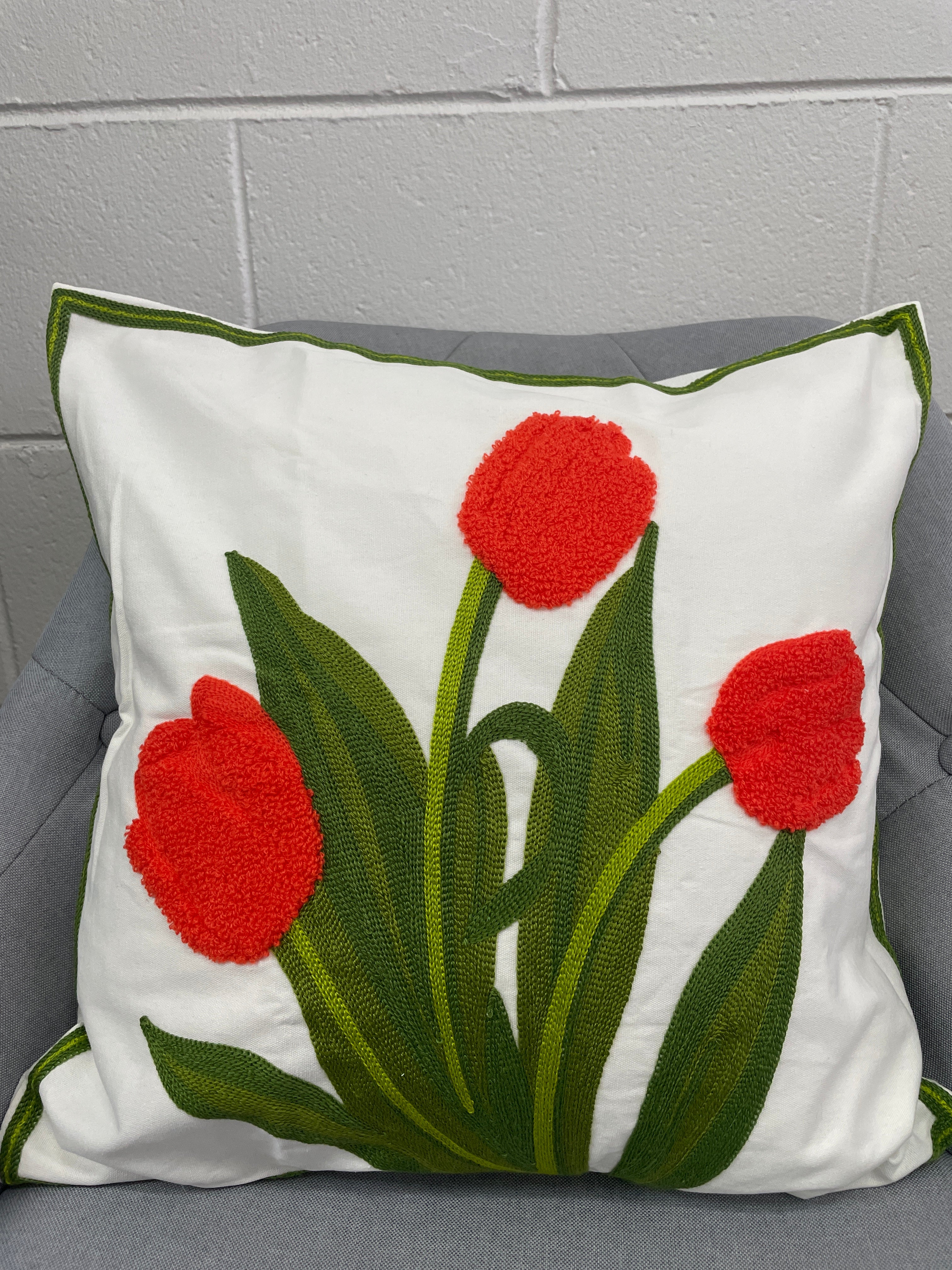 Orange Tulip Embroidered Pillow