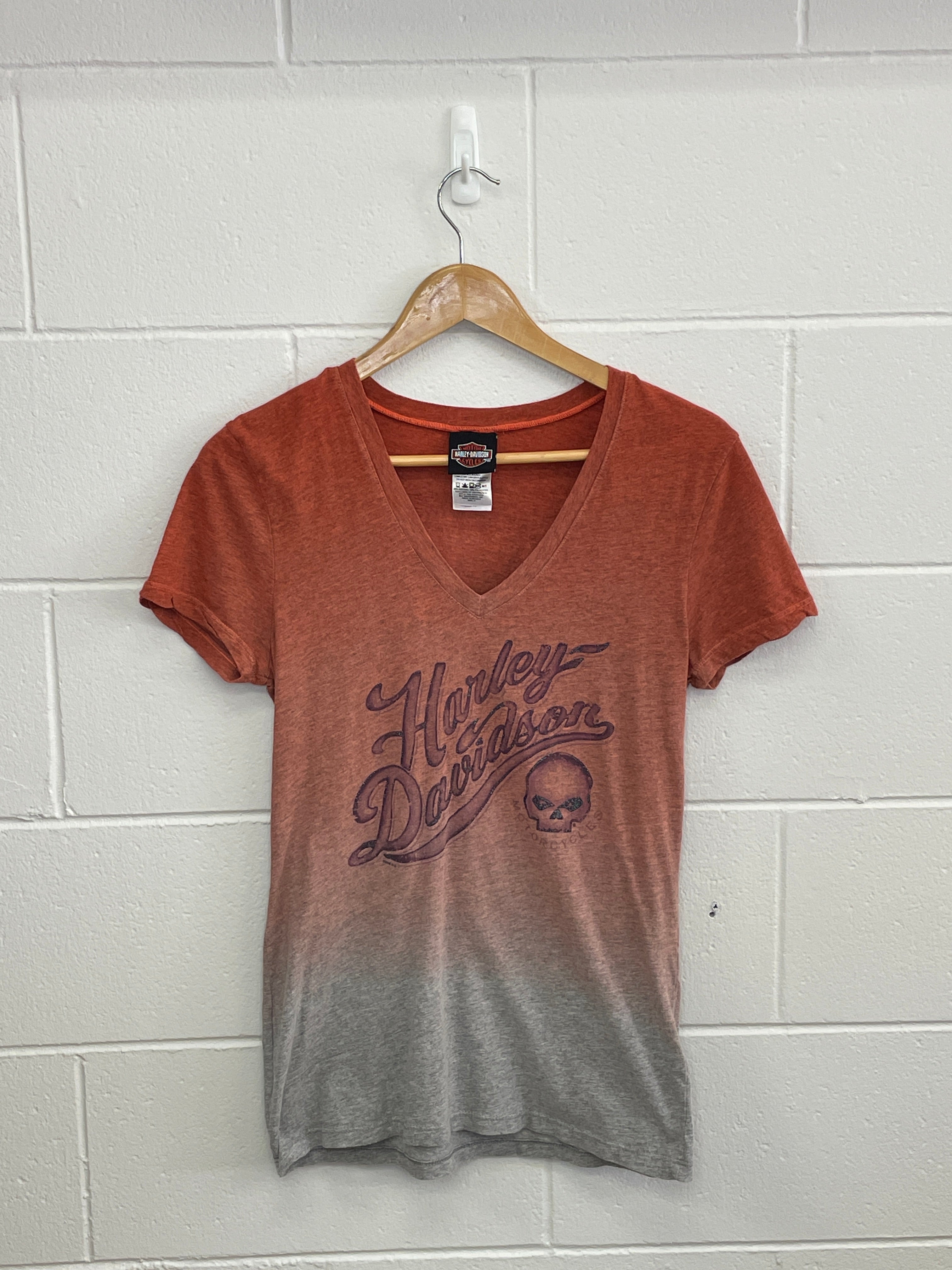 Harley Davidson Ladies Orange V Neck T-Shirt Small