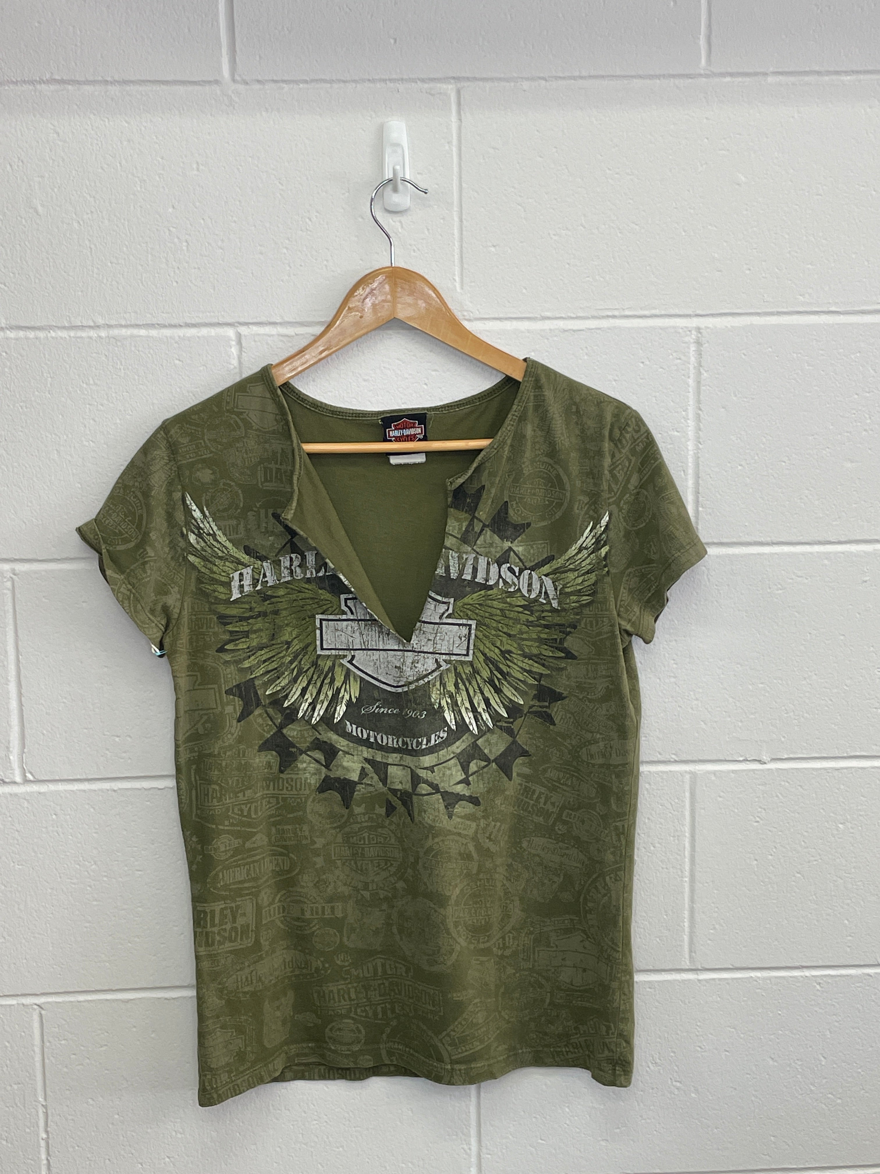 Harley Davidson Dark Green V Neck T-Shirt Medium