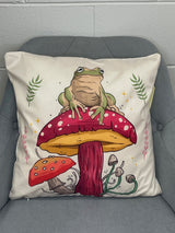 Mushroom With Frog White Pillow