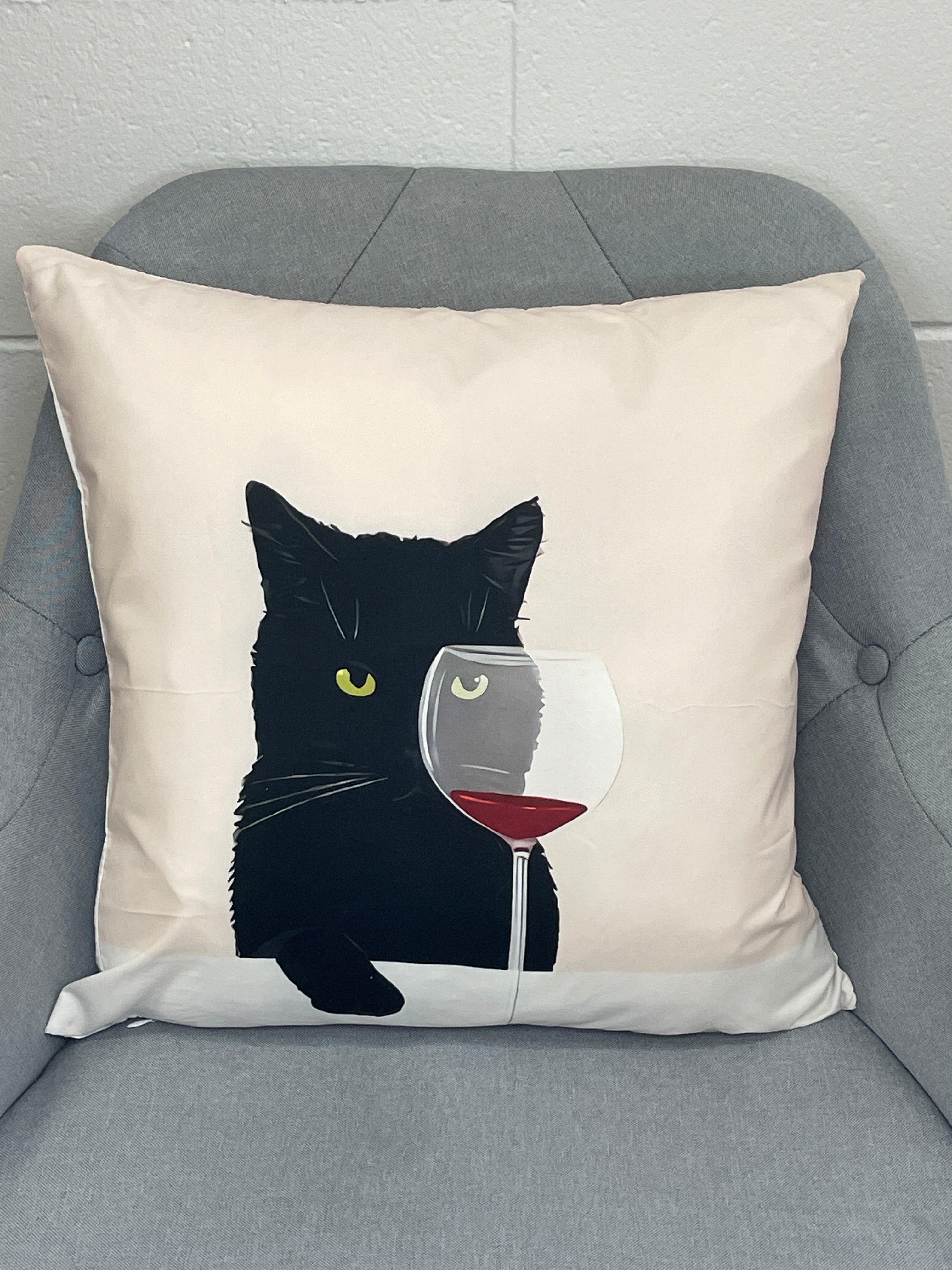 Cat With Wine White Pillow