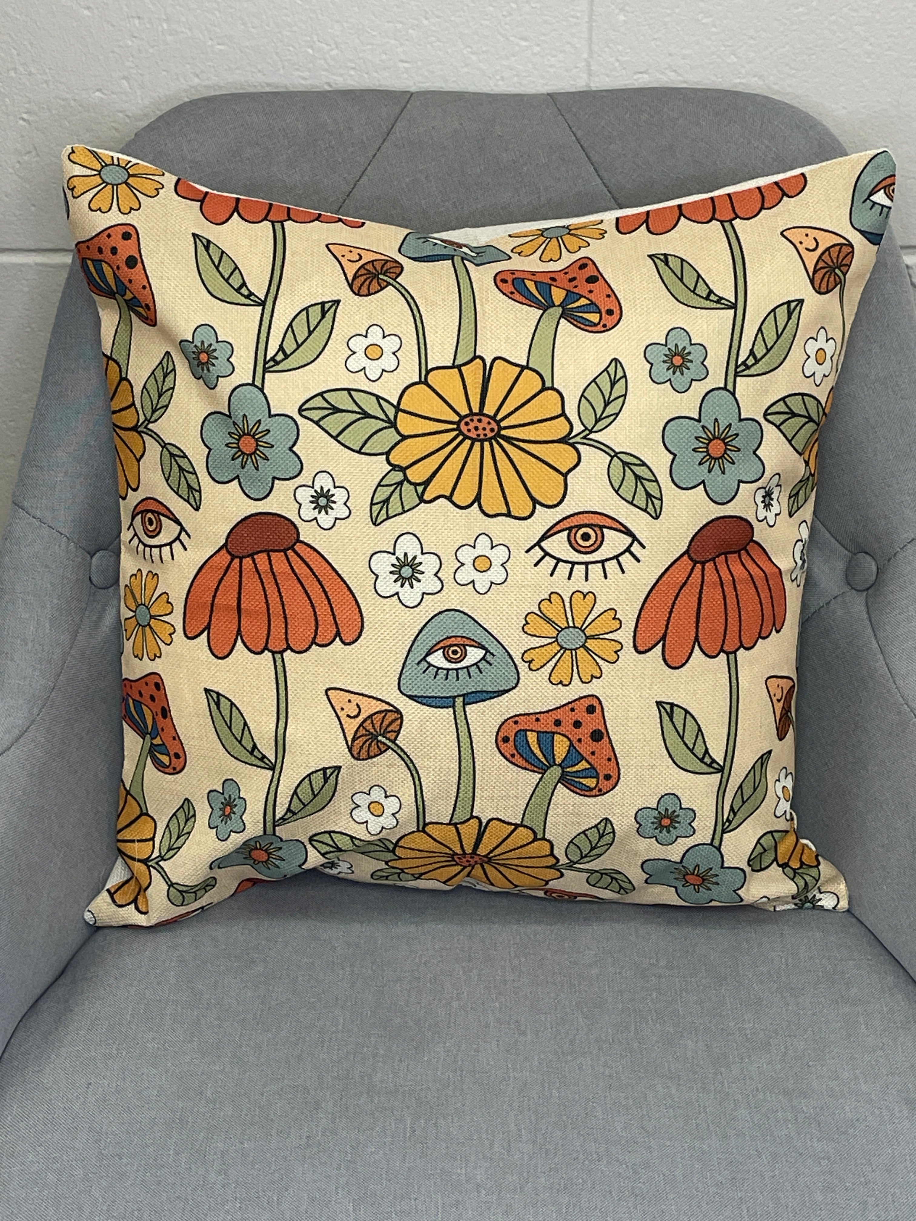 Mushroom And Flower Mutli Coloured Pillow