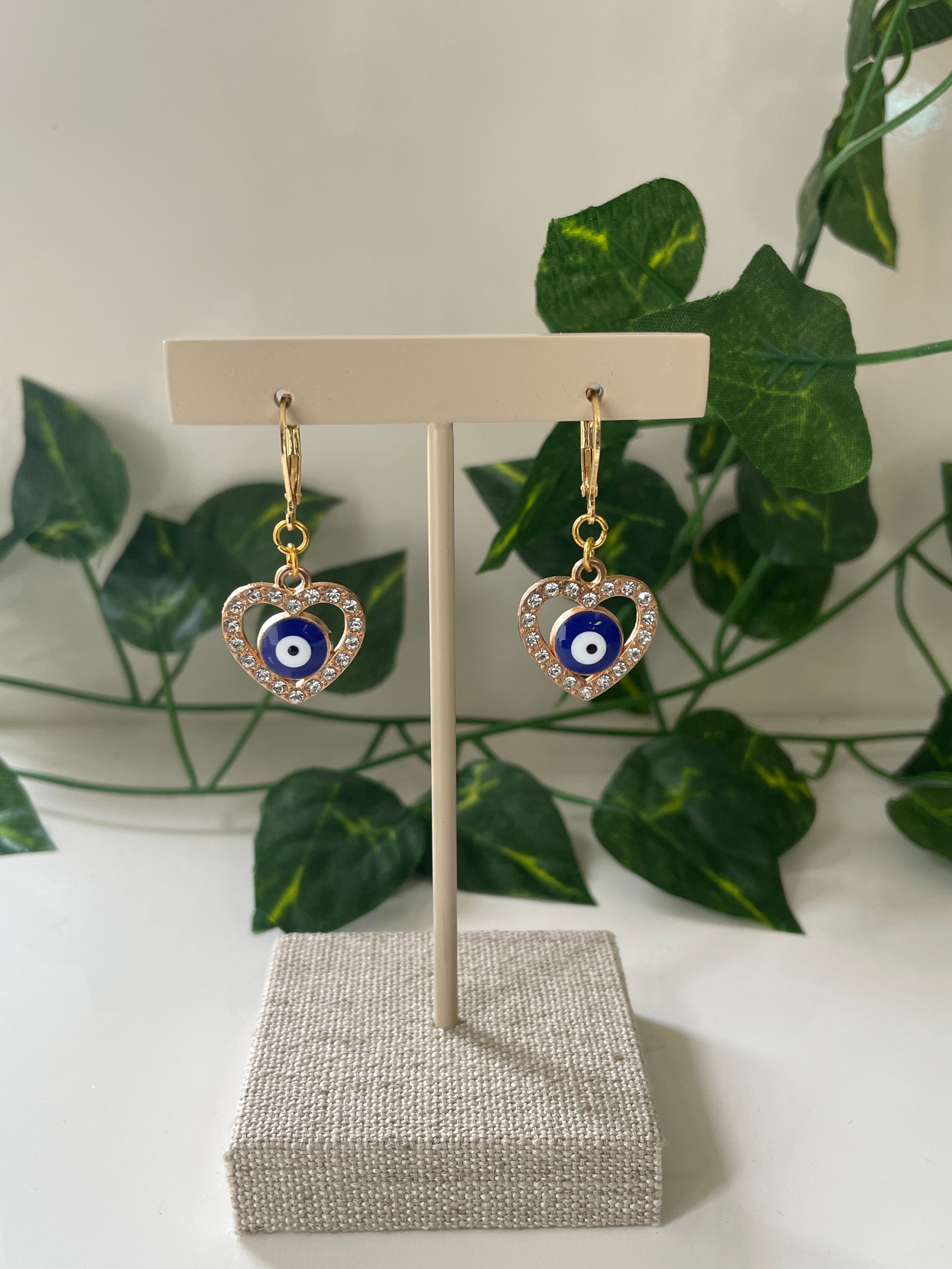 Gold Plated Heart Evil Eye Earrings With CZ