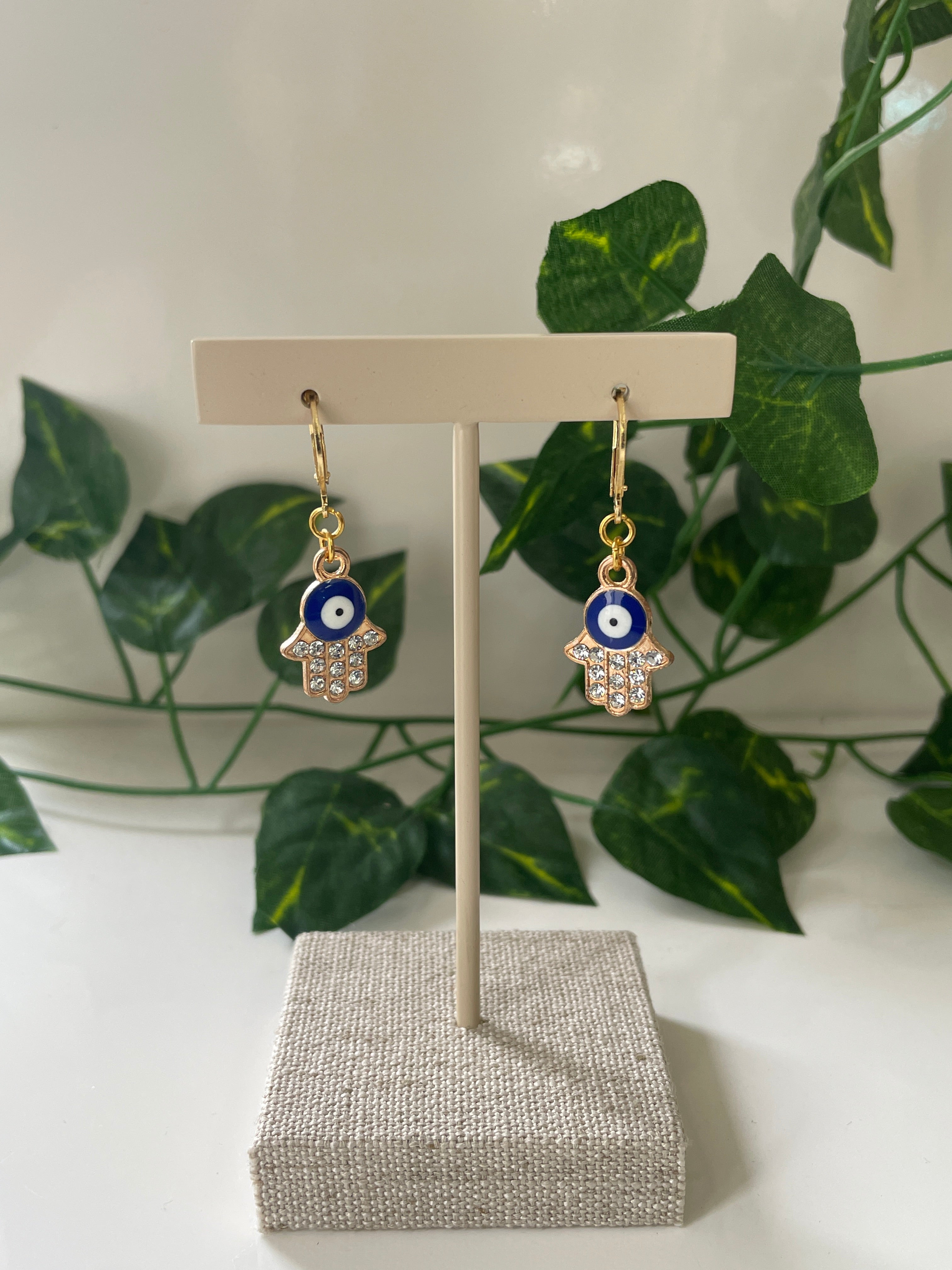 Gold Plated Hand Evil Eye Earrings With CZ