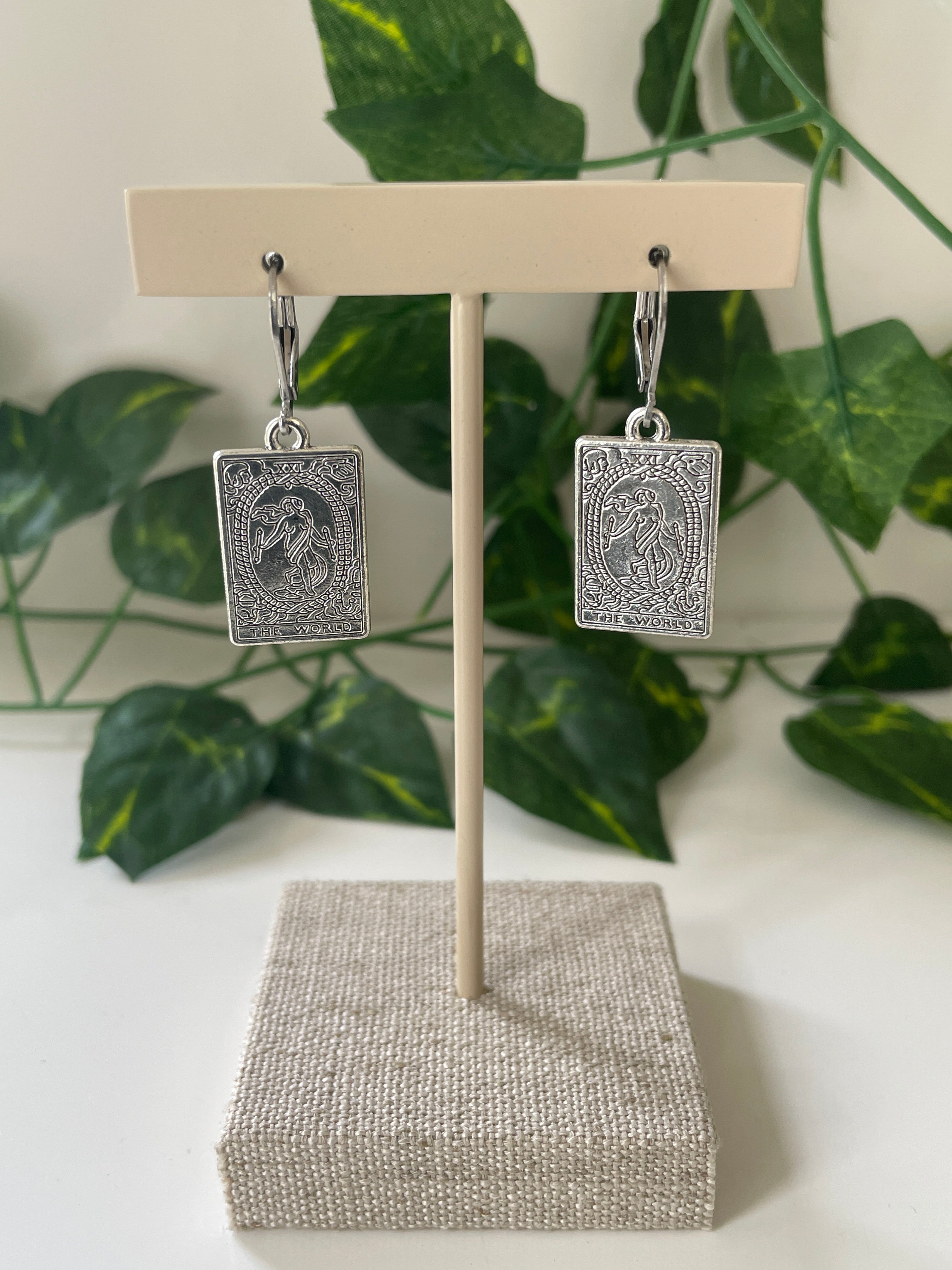 Silver Plated Tarot Card The World Earrings