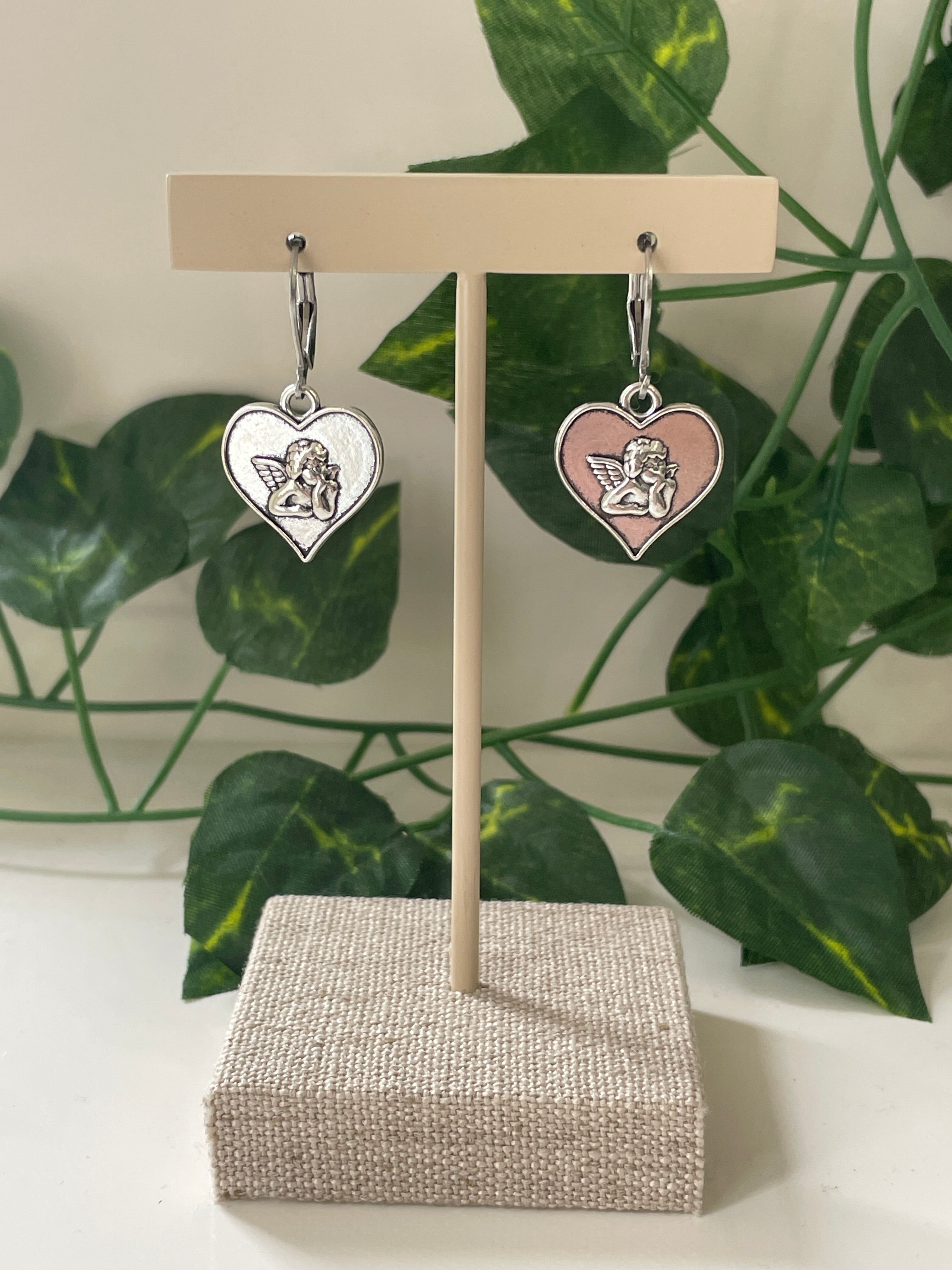 Silver Plated Cupid's Face In Heart Earrings