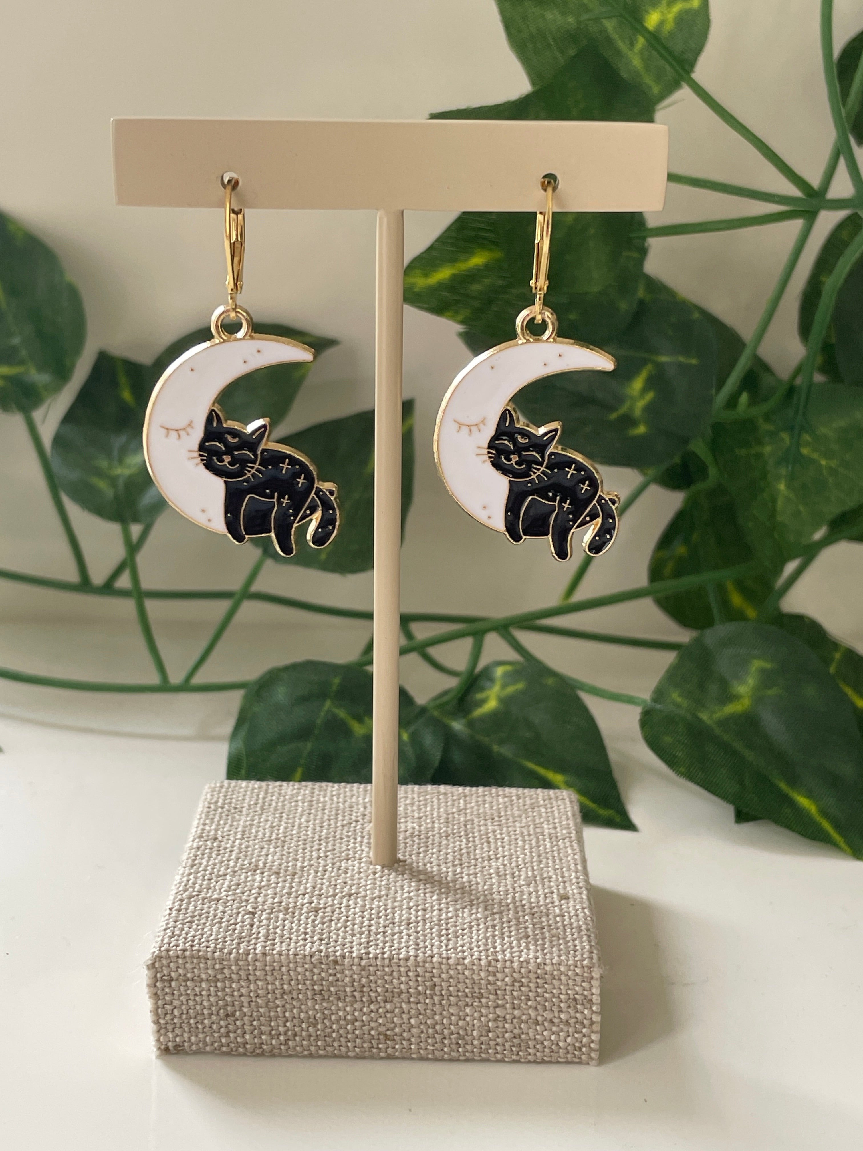 Gold Plated Sleepy Cats On Moon Earrings