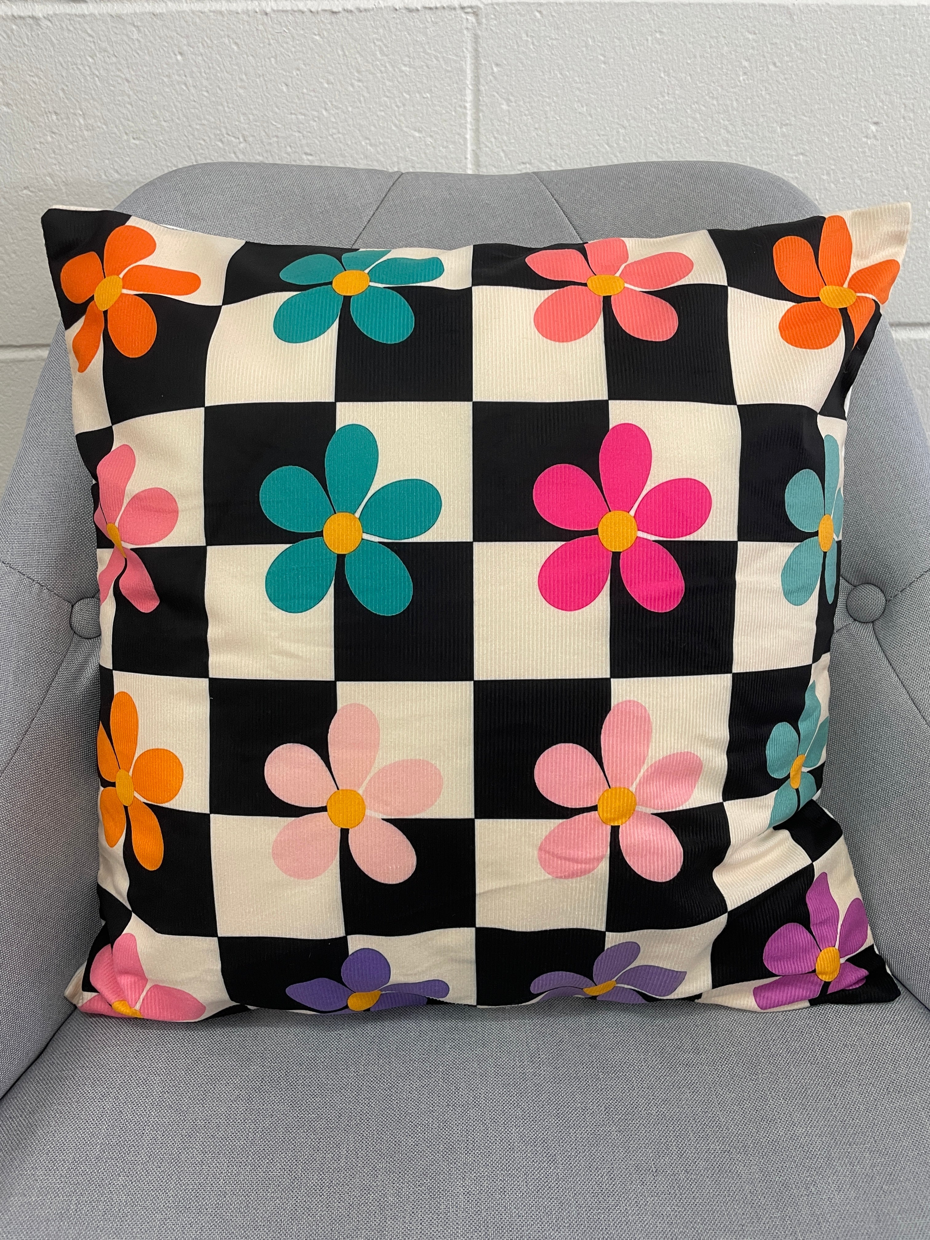 Flower Checkered Print Pillow