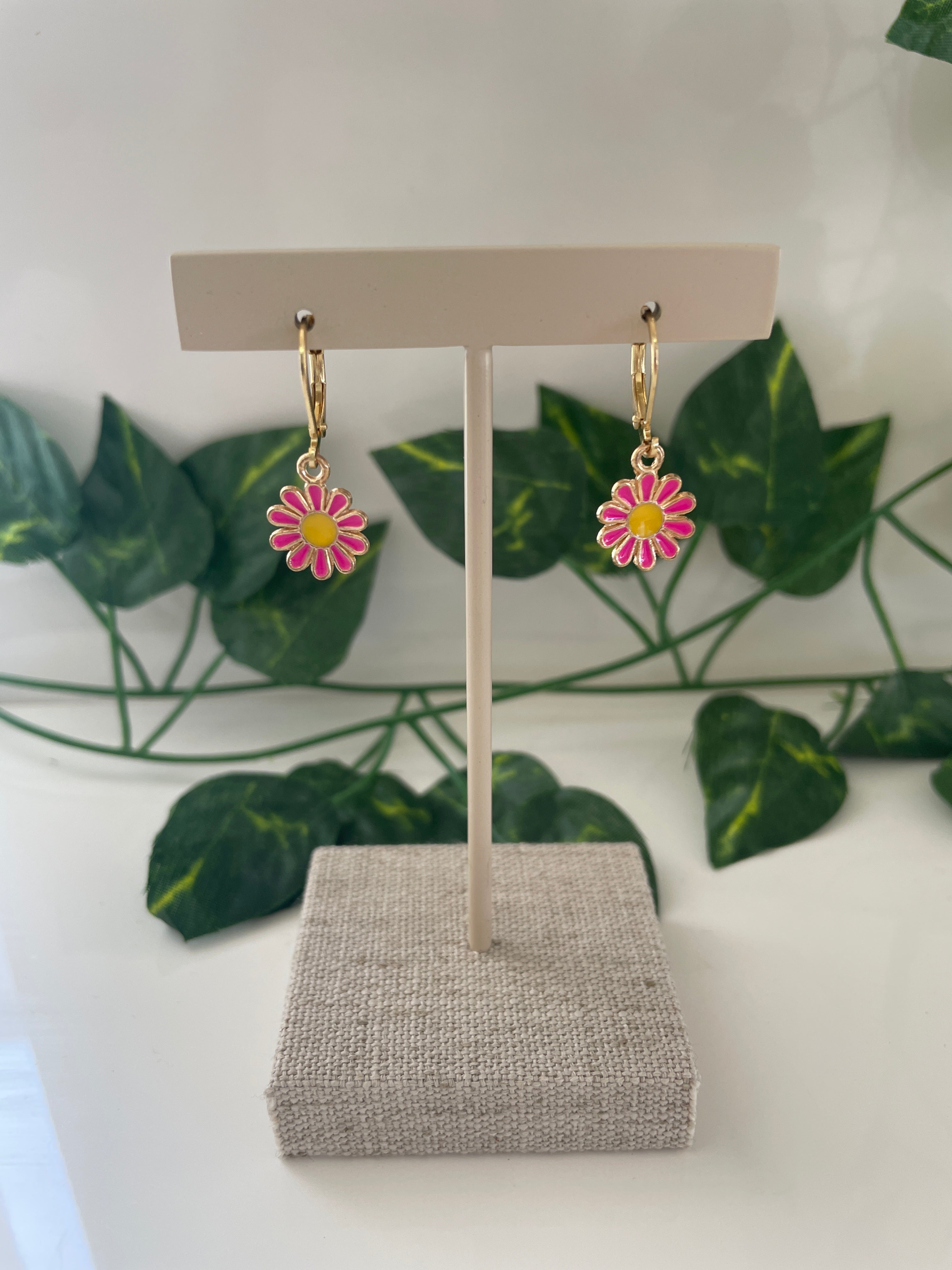 Gold Plated Pink Daisy Earrings