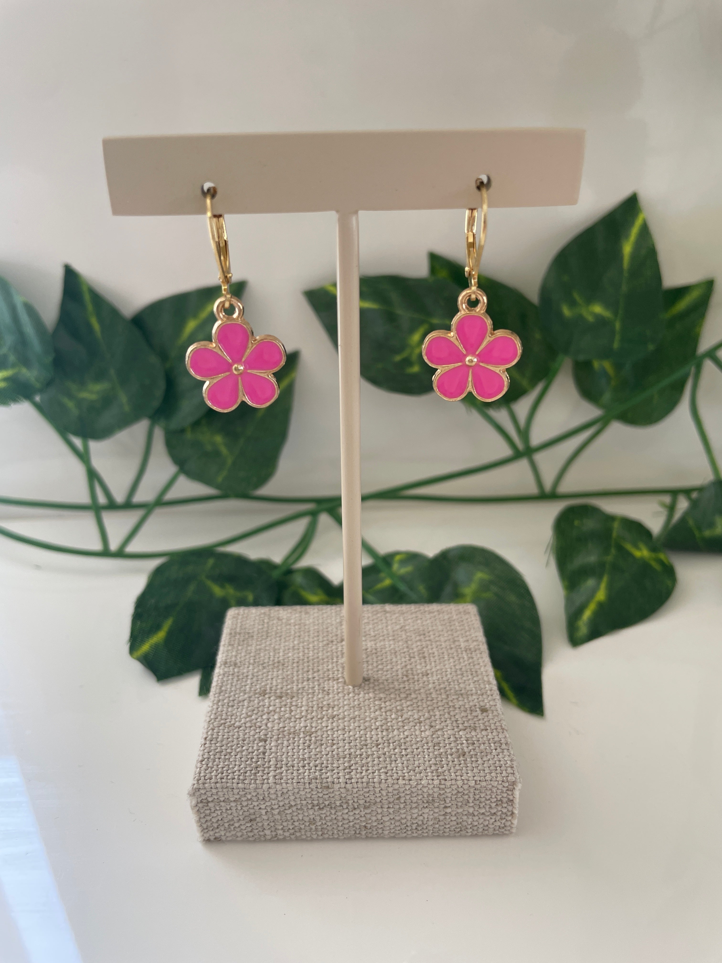 Gold Plated Pink Retro Flower Earrings