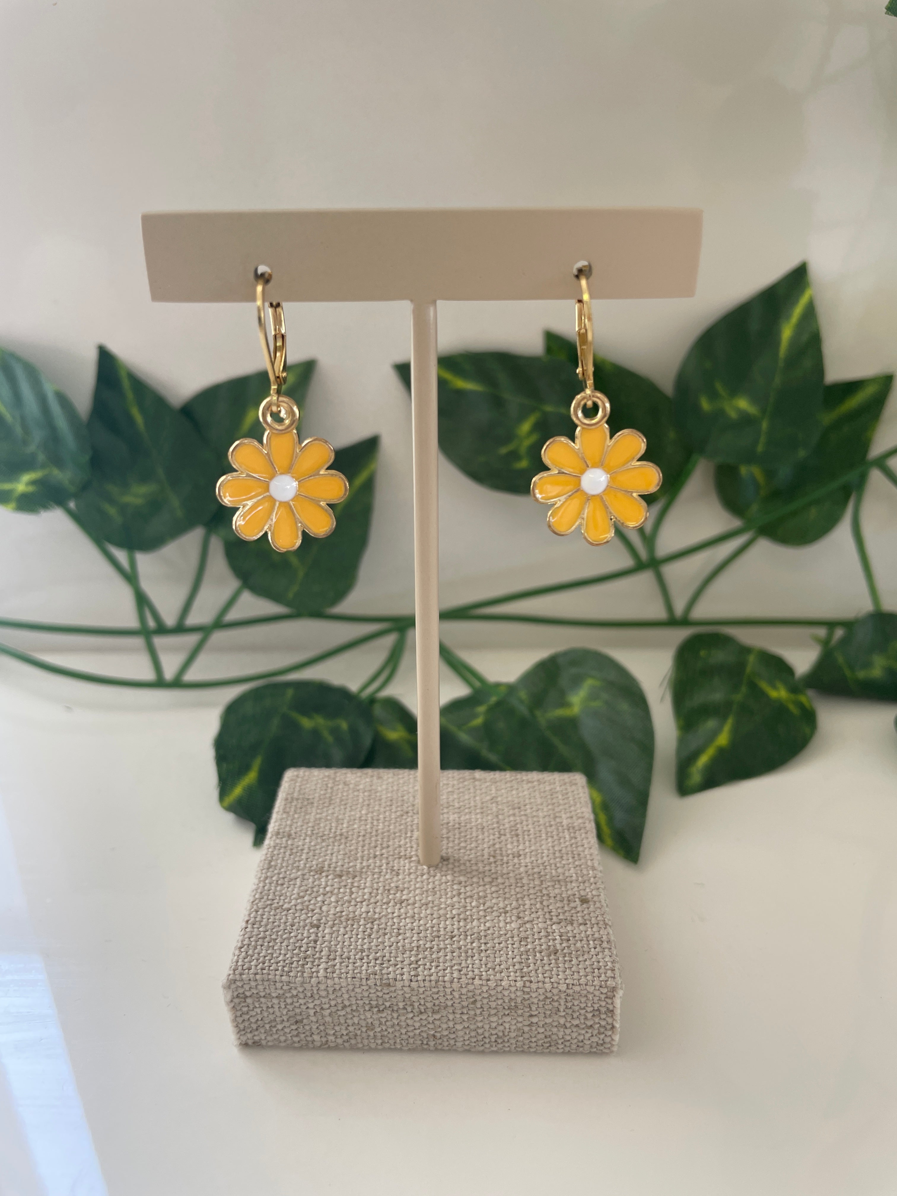 Gold Plated Medium Yellow Flower Earrings