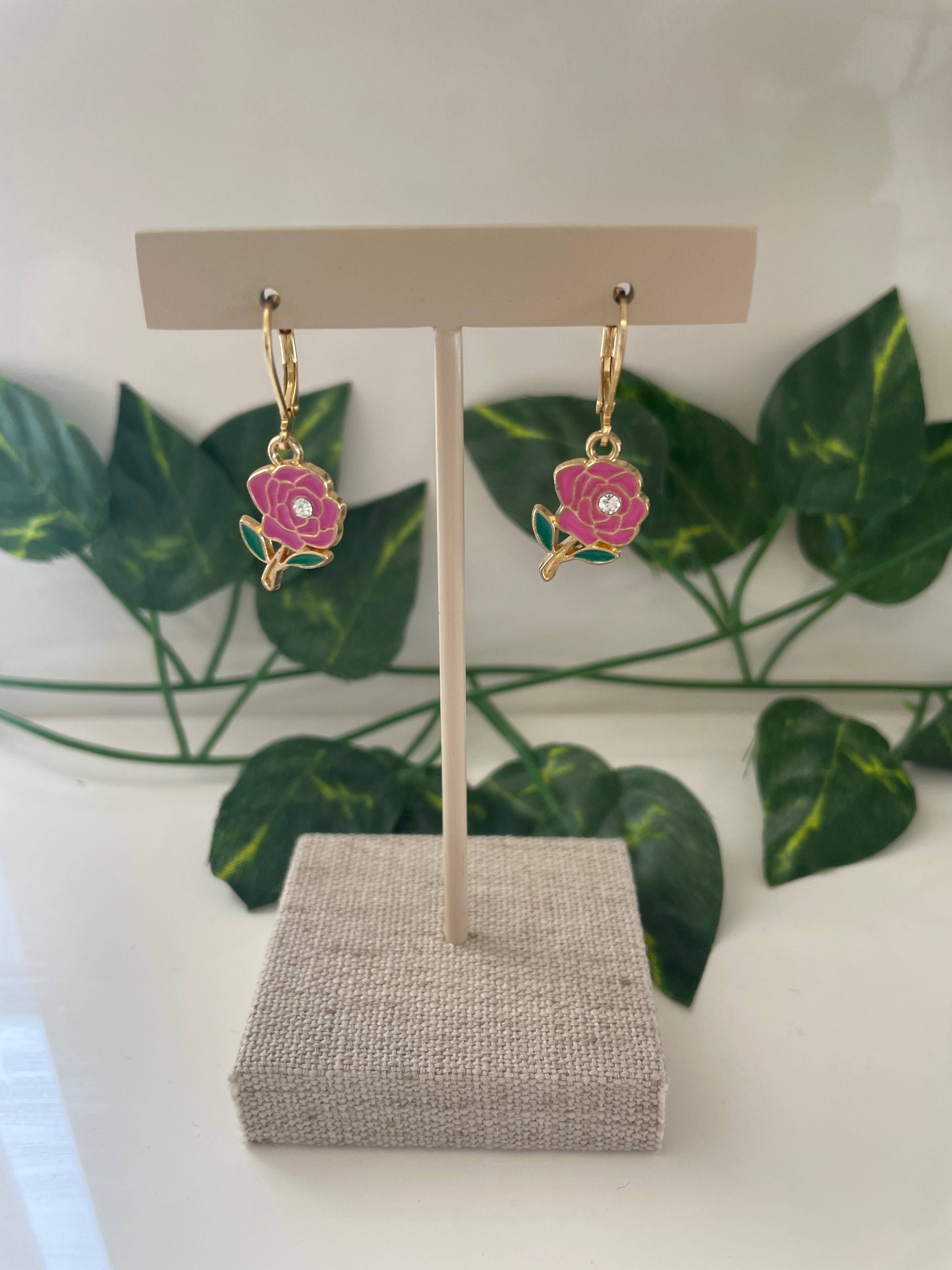 Gold Plated Pink Flower With Stem & CZ Earrings